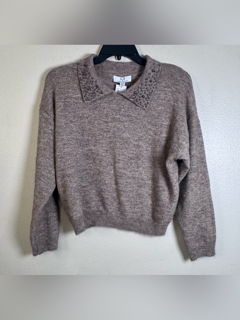 Magaschoni Wool Blend Embellished Collar Sweater Taupe XL NWT - Picture 2 of 8